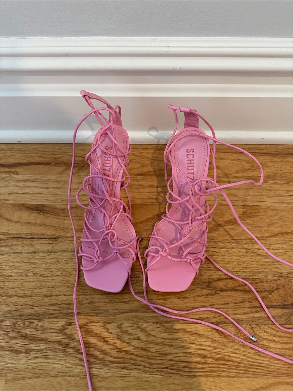 NWT SCHUTZ Bubblegum Pink Lace-Up Square Toe Heels
